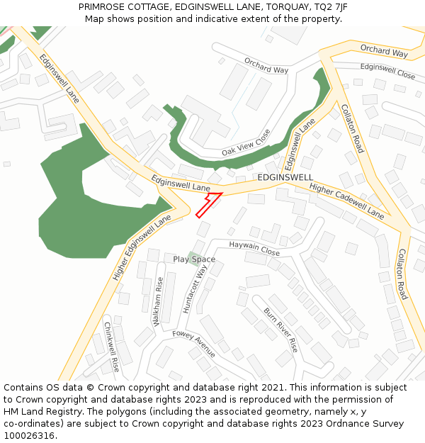 PRIMROSE COTTAGE, EDGINSWELL LANE, TORQUAY, TQ2 7JF: Location map and indicative extent of plot