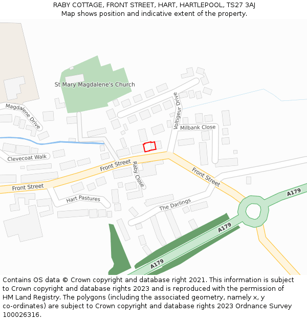 RABY COTTAGE, FRONT STREET, HART, HARTLEPOOL, TS27 3AJ: Location map and indicative extent of plot