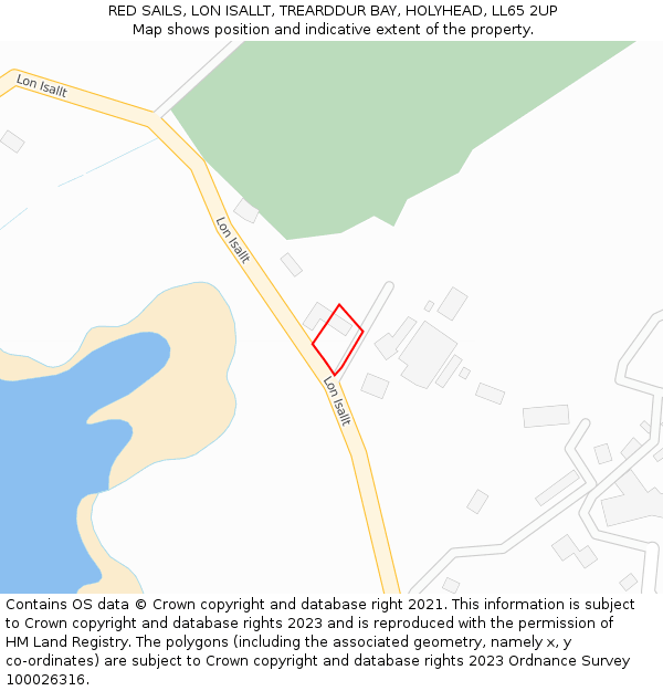 RED SAILS, LON ISALLT, TREARDDUR BAY, HOLYHEAD, LL65 2UP: Location map and indicative extent of plot