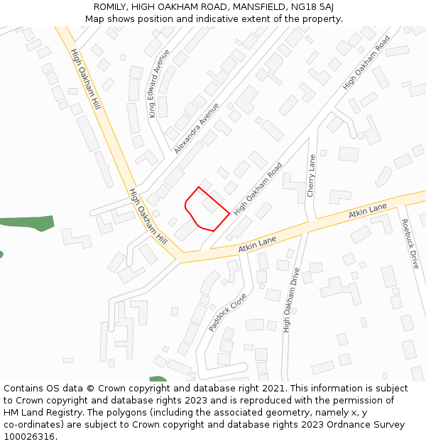 ROMILY, HIGH OAKHAM ROAD, MANSFIELD, NG18 5AJ: Location map and indicative extent of plot