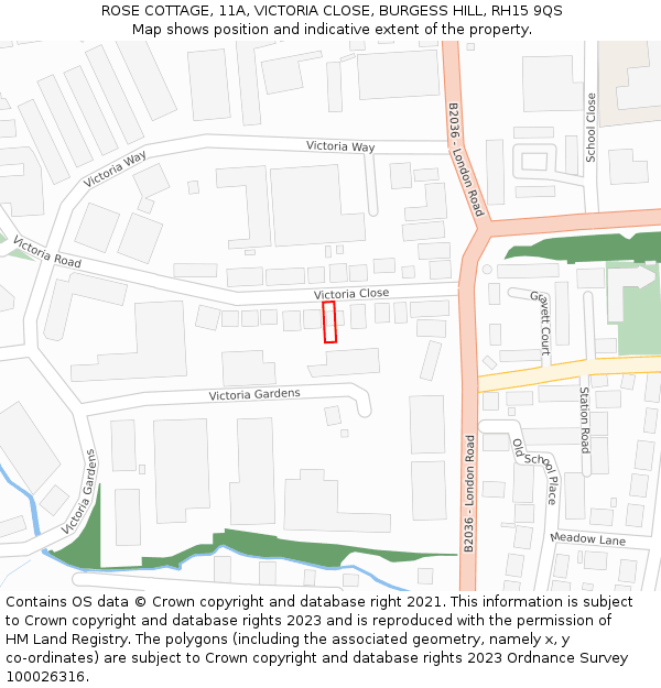 ROSE COTTAGE, 11A, VICTORIA CLOSE, BURGESS HILL, RH15 9QS: Location map and indicative extent of plot