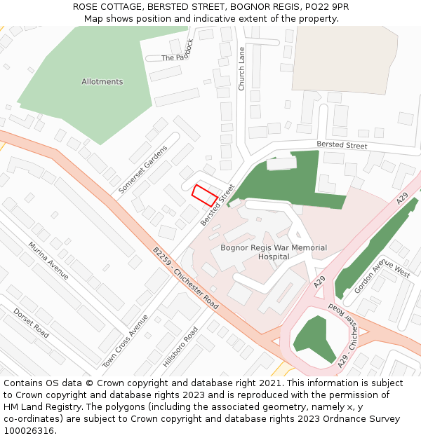 ROSE COTTAGE, BERSTED STREET, BOGNOR REGIS, PO22 9PR: Location map and indicative extent of plot