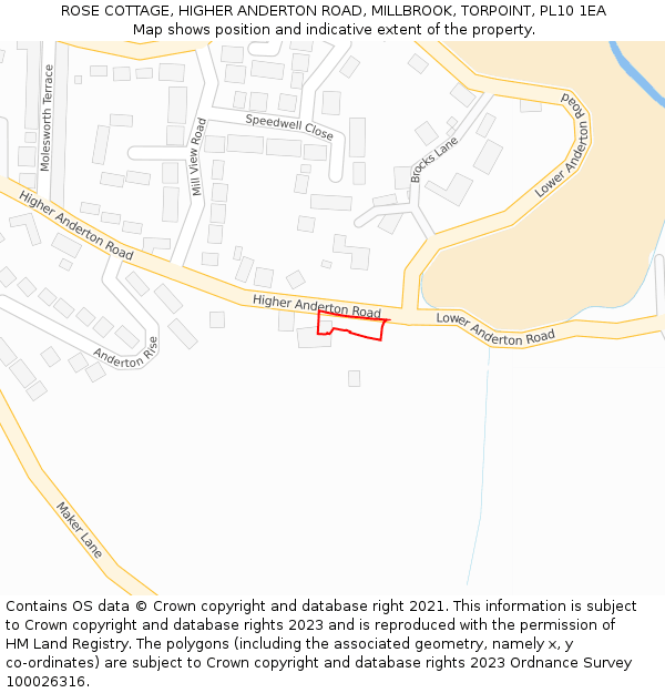 ROSE COTTAGE, HIGHER ANDERTON ROAD, MILLBROOK, TORPOINT, PL10 1EA: Location map and indicative extent of plot