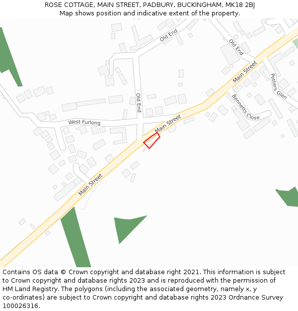 ROSE COTTAGE, MAIN STREET, PADBURY, BUCKINGHAM, MK18 2BJ: Location map and indicative extent of plot