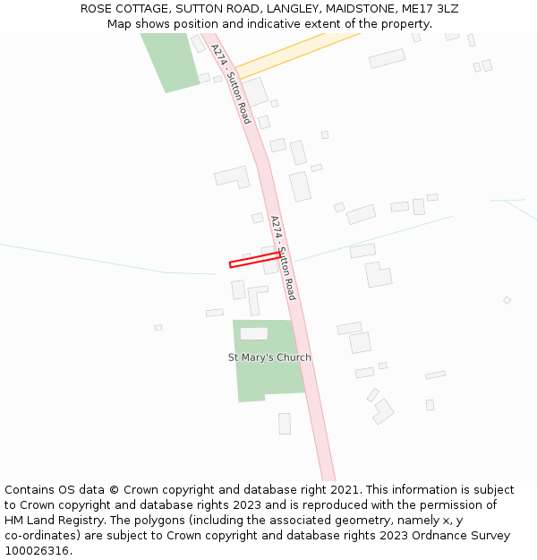 ROSE COTTAGE, SUTTON ROAD, LANGLEY, MAIDSTONE, ME17 3LZ: Location map and indicative extent of plot