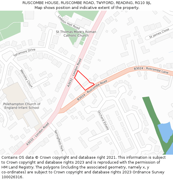 RUSCOMBE HOUSE, RUSCOMBE ROAD, TWYFORD, READING, RG10 9JL: Location map and indicative extent of plot