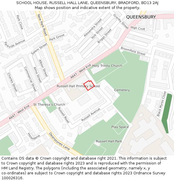 SCHOOL HOUSE, RUSSELL HALL LANE, QUEENSBURY, BRADFORD, BD13 2AJ: Location map and indicative extent of plot