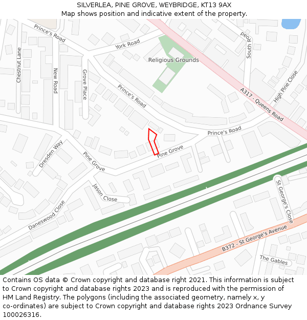 SILVERLEA, PINE GROVE, WEYBRIDGE, KT13 9AX: Location map and indicative extent of plot