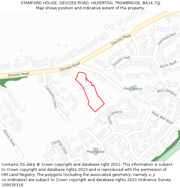 STAMFORD HOUSE, DEVIZES ROAD, HILPERTON, TROWBRIDGE, BA14 7QJ: Location map and indicative extent of plot