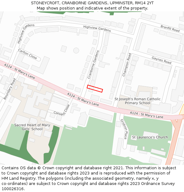 STONEYCROFT, CRANBORNE GARDENS, UPMINSTER, RM14 2YT: Location map and indicative extent of plot