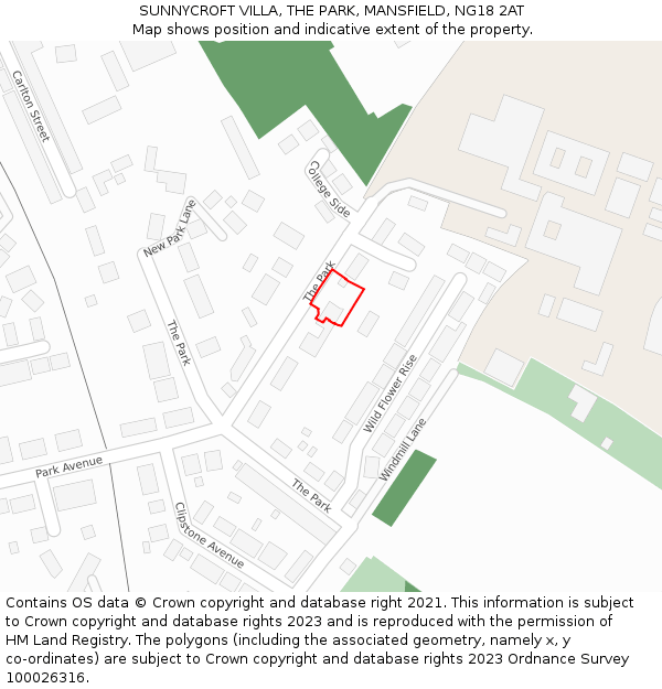 SUNNYCROFT VILLA, THE PARK, MANSFIELD, NG18 2AT: Location map and indicative extent of plot