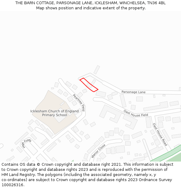 THE BARN COTTAGE, PARSONAGE LANE, ICKLESHAM, WINCHELSEA, TN36 4BL: Location map and indicative extent of plot