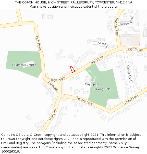 THE COACH HOUSE, HIGH STREET, PAULERSPURY, TOWCESTER, NN12 7NA: Location map and indicative extent of plot