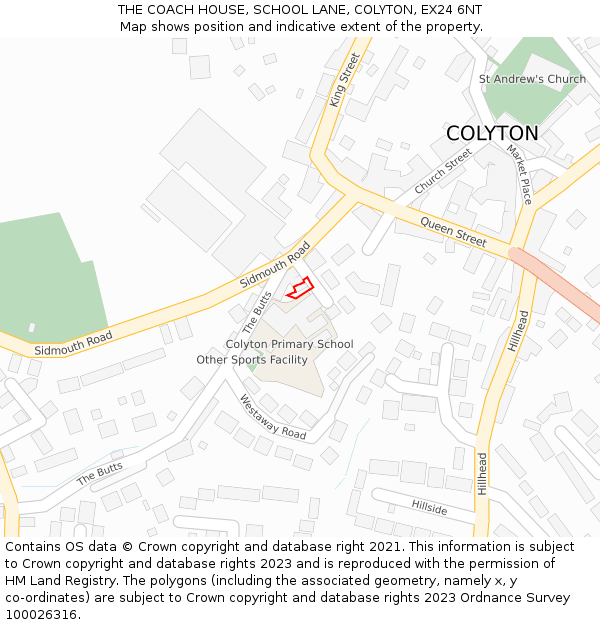 THE COACH HOUSE, SCHOOL LANE, COLYTON, EX24 6NT: Location map and indicative extent of plot