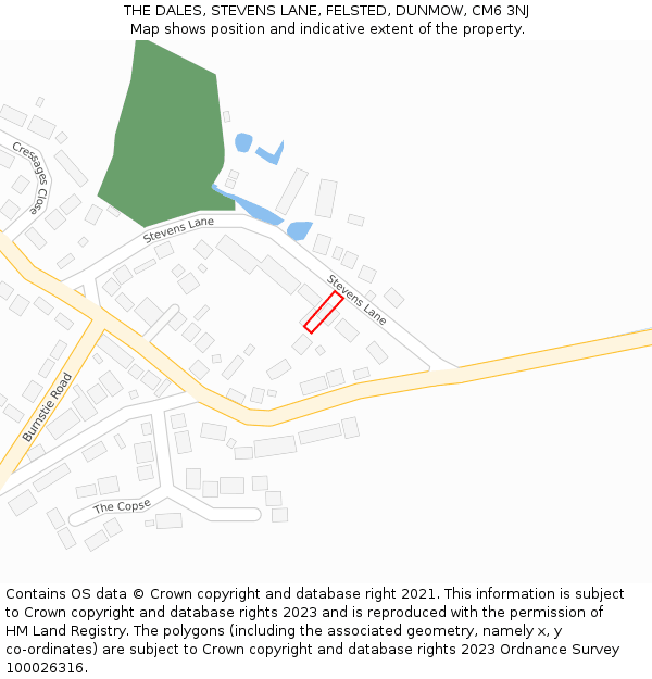 THE DALES, STEVENS LANE, FELSTED, DUNMOW, CM6 3NJ: Location map and indicative extent of plot