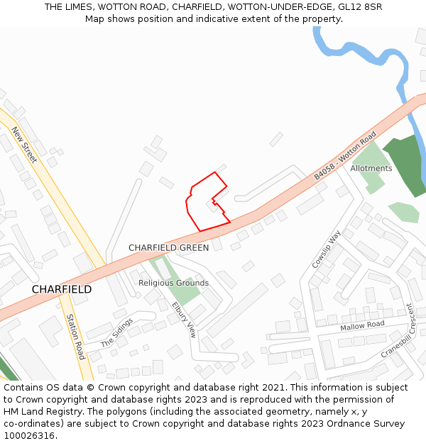 THE LIMES, WOTTON ROAD, CHARFIELD, WOTTON-UNDER-EDGE, GL12 8SR: Location map and indicative extent of plot