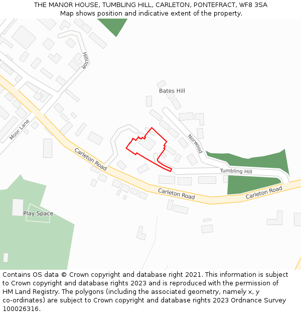 THE MANOR HOUSE, TUMBLING HILL, CARLETON, PONTEFRACT, WF8 3SA: Location map and indicative extent of plot
