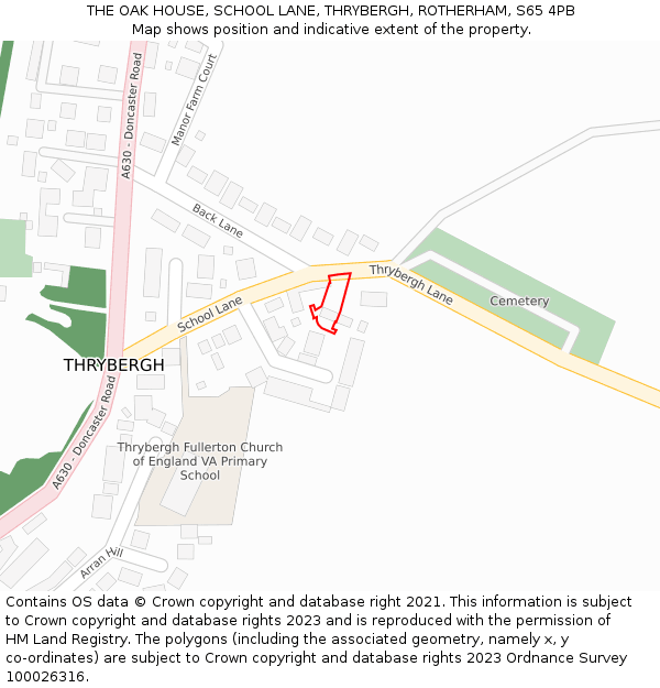 THE OAK HOUSE, SCHOOL LANE, THRYBERGH, ROTHERHAM, S65 4PB: Location map and indicative extent of plot