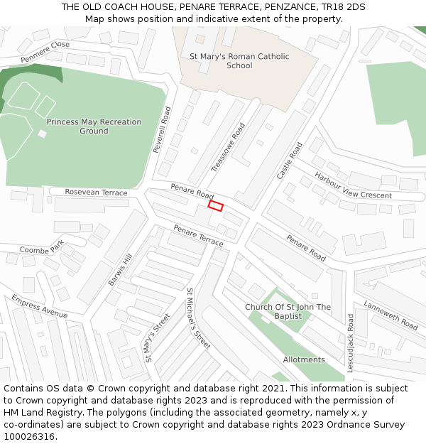 THE OLD COACH HOUSE, PENARE TERRACE, PENZANCE, TR18 2DS: Location map and indicative extent of plot