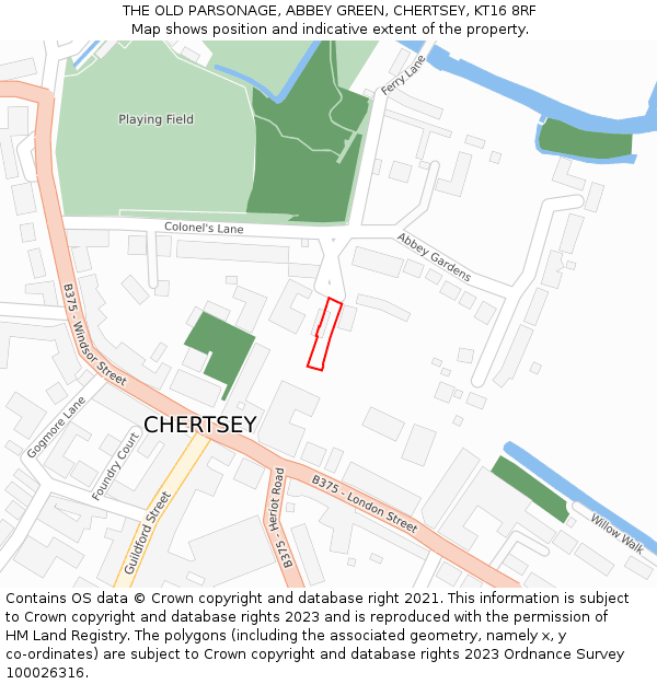 THE OLD PARSONAGE, ABBEY GREEN, CHERTSEY, KT16 8RF: Location map and indicative extent of plot