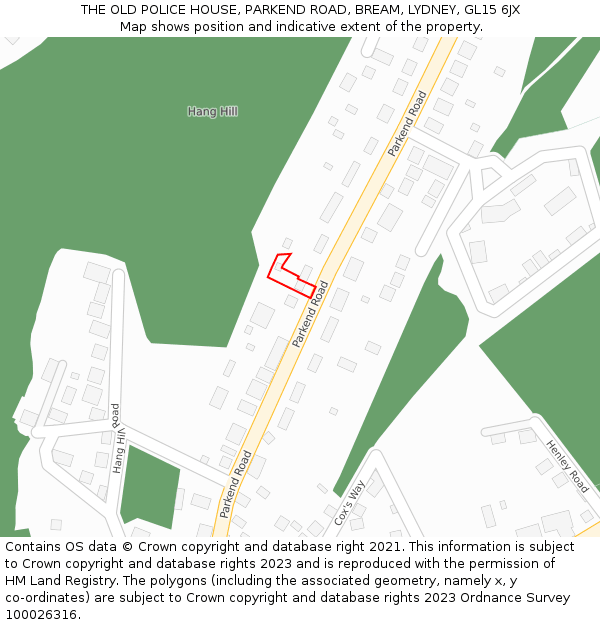 THE OLD POLICE HOUSE, PARKEND ROAD, BREAM, LYDNEY, GL15 6JX: Location map and indicative extent of plot