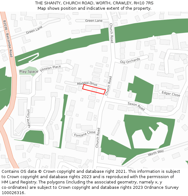 THE SHANTY, CHURCH ROAD, WORTH, CRAWLEY, RH10 7RS: Location map and indicative extent of plot