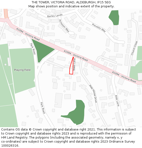THE TOWER, VICTORIA ROAD, ALDEBURGH, IP15 5EG: Location map and indicative extent of plot