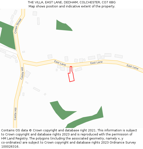 THE VILLA, EAST LANE, DEDHAM, COLCHESTER, CO7 6BG: Location map and indicative extent of plot