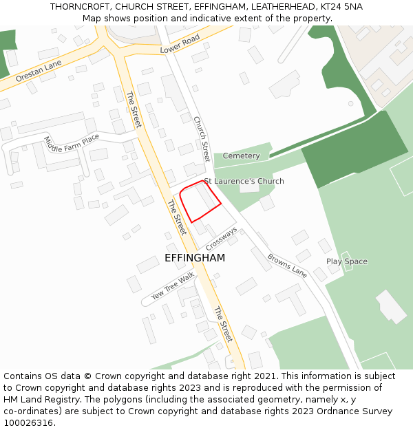 THORNCROFT, CHURCH STREET, EFFINGHAM, LEATHERHEAD, KT24 5NA: Location map and indicative extent of plot