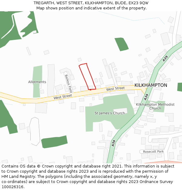 TREGARTH, WEST STREET, KILKHAMPTON, BUDE, EX23 9QW: Location map and indicative extent of plot