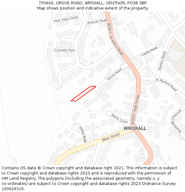 TYNING, GROVE ROAD, WROXALL, VENTNOR, PO38 3BP: Location map and indicative extent of plot