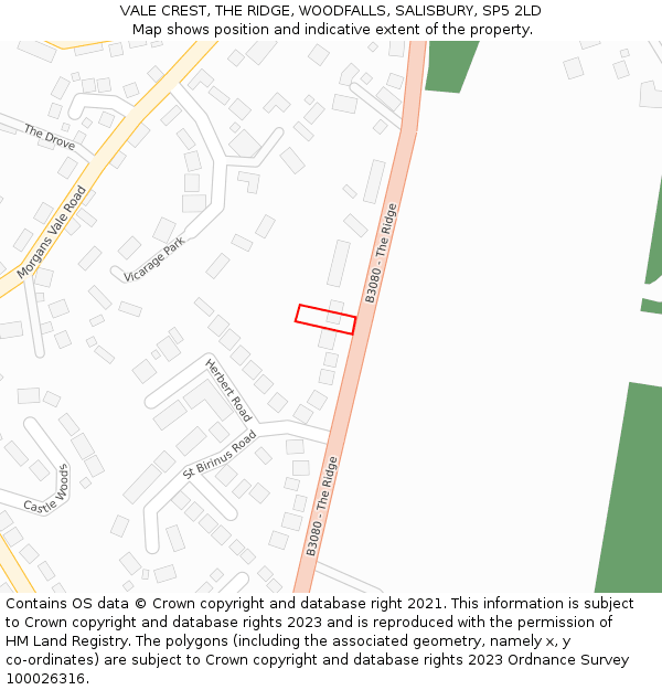 VALE CREST, THE RIDGE, WOODFALLS, SALISBURY, SP5 2LD: Location map and indicative extent of plot