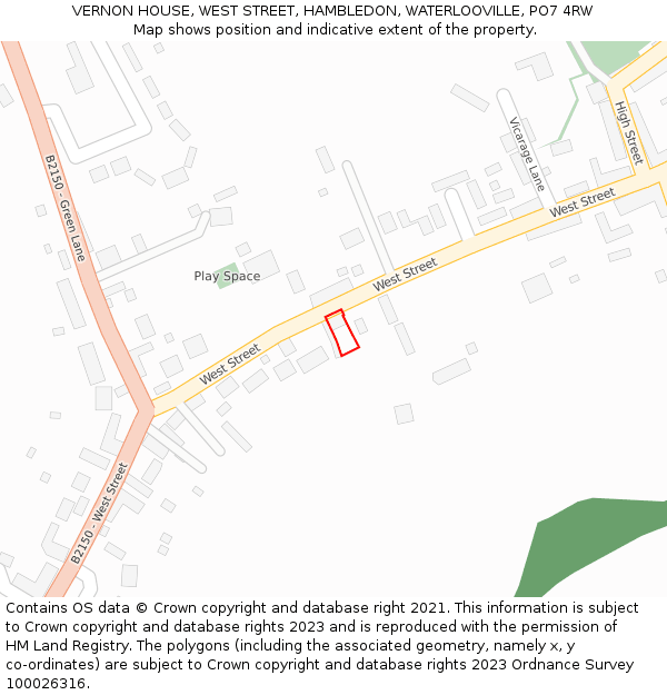 VERNON HOUSE, WEST STREET, HAMBLEDON, WATERLOOVILLE, PO7 4RW: Location map and indicative extent of plot