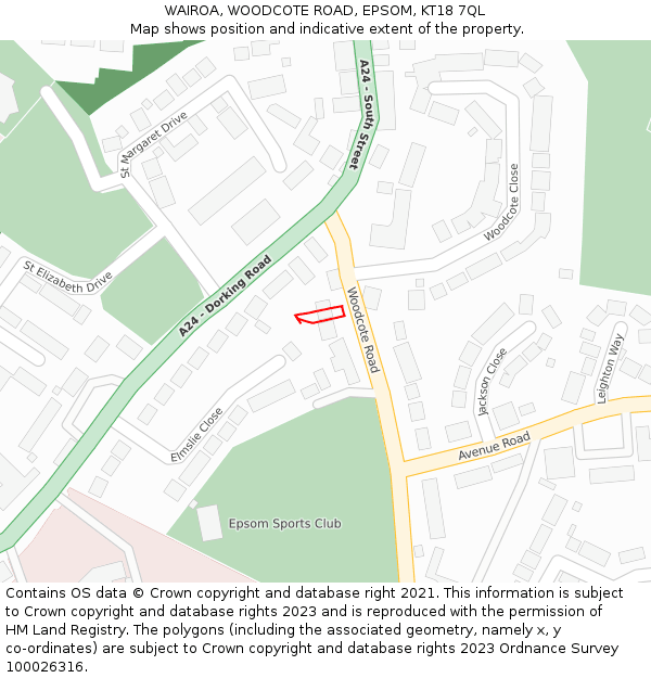 WAIROA, WOODCOTE ROAD, EPSOM, KT18 7QL: Location map and indicative extent of plot