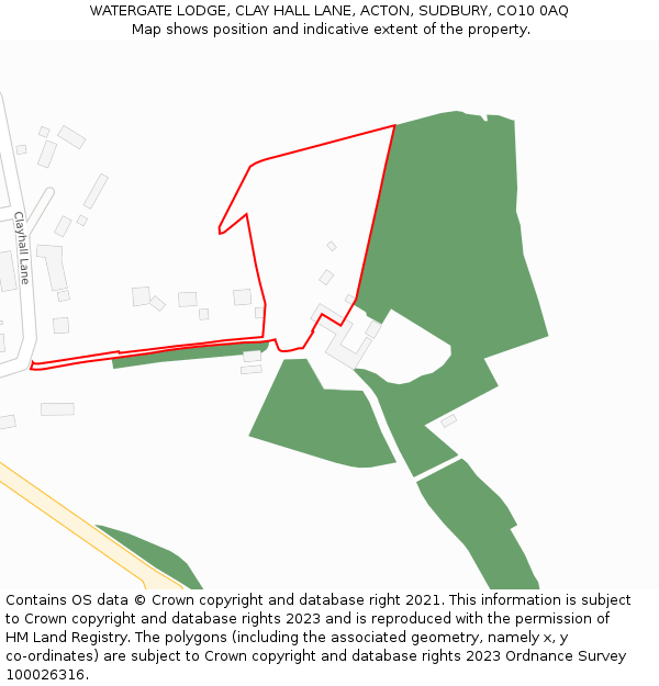 WATERGATE LODGE, CLAY HALL LANE, ACTON, SUDBURY, CO10 0AQ: Location map and indicative extent of plot