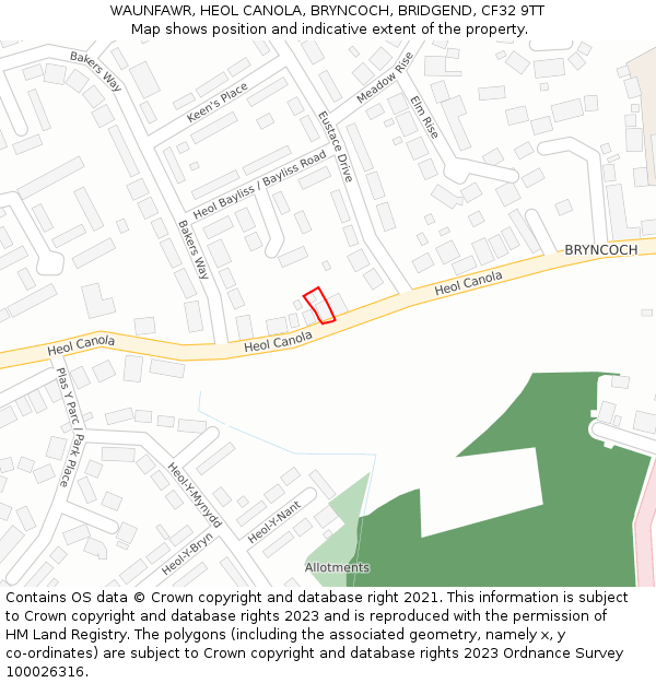 WAUNFAWR, HEOL CANOLA, BRYNCOCH, BRIDGEND, CF32 9TT: Location map and indicative extent of plot