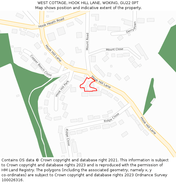 WEST COTTAGE, HOOK HILL LANE, WOKING, GU22 0PT: Location map and indicative extent of plot