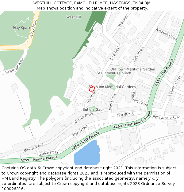 WESTHILL COTTAGE, EXMOUTH PLACE, HASTINGS, TN34 3JA: Location map and indicative extent of plot