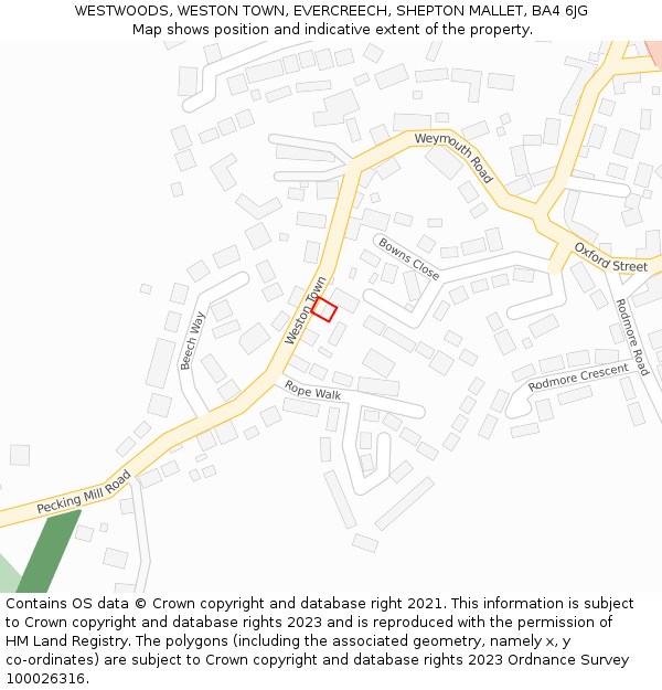 WESTWOODS, WESTON TOWN, EVERCREECH, SHEPTON MALLET, BA4 6JG: Location map and indicative extent of plot