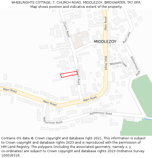 WHEELRIGHTS COTTAGE, 7, CHURCH ROAD, MIDDLEZOY, BRIDGWATER, TA7 0PA: Location map and indicative extent of plot