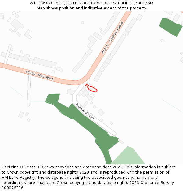 WILLOW COTTAGE, CUTTHORPE ROAD, CHESTERFIELD, S42 7AD: Location map and indicative extent of plot
