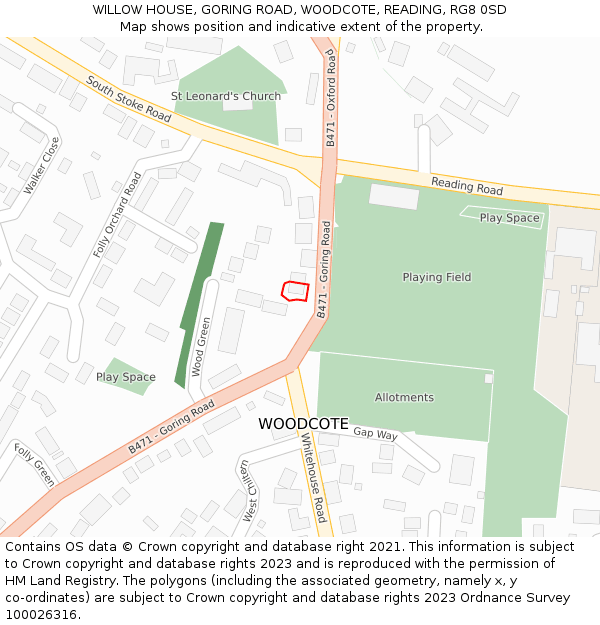 WILLOW HOUSE, GORING ROAD, WOODCOTE, READING, RG8 0SD: Location map and indicative extent of plot