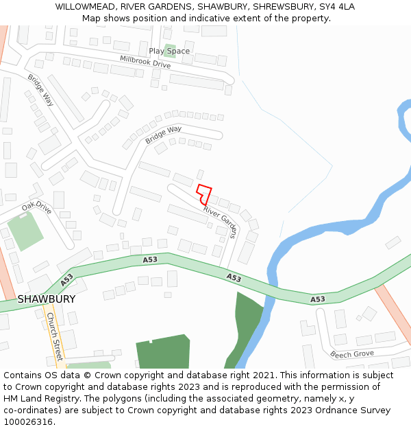 WILLOWMEAD, RIVER GARDENS, SHAWBURY, SHREWSBURY, SY4 4LA: Location map and indicative extent of plot