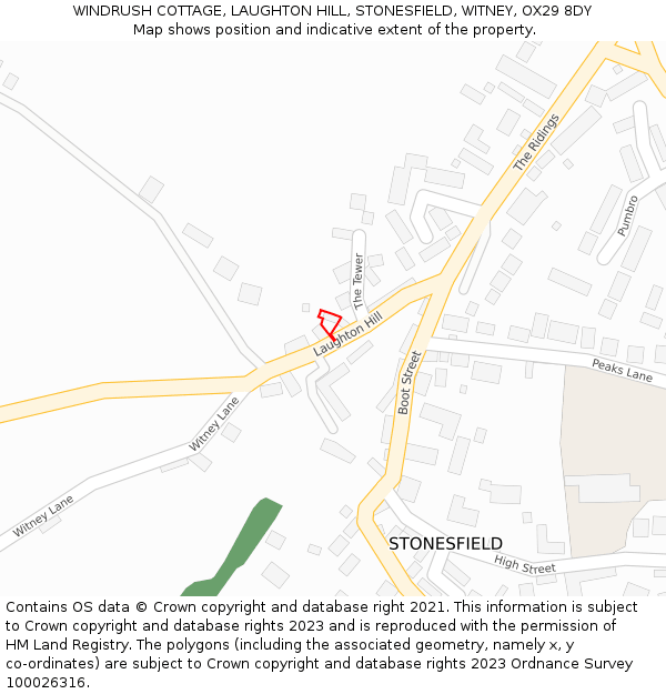 WINDRUSH COTTAGE, LAUGHTON HILL, STONESFIELD, WITNEY, OX29 8DY: Location map and indicative extent of plot
