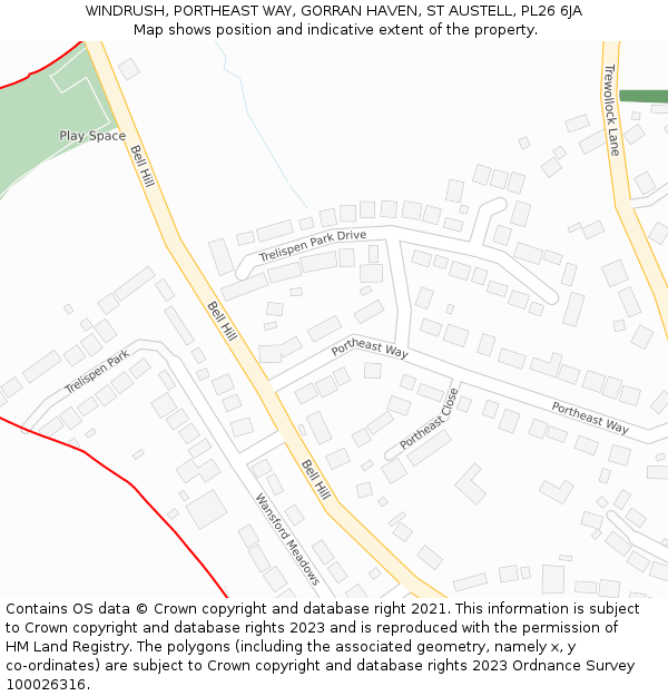 WINDRUSH, PORTHEAST WAY, GORRAN HAVEN, ST AUSTELL, PL26 6JA: Location map and indicative extent of plot