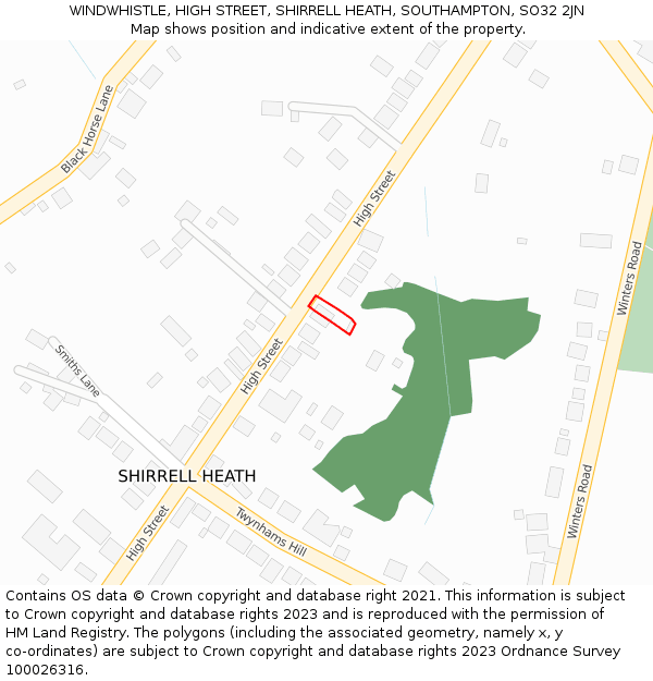 WINDWHISTLE, HIGH STREET, SHIRRELL HEATH, SOUTHAMPTON, SO32 2JN: Location map and indicative extent of plot