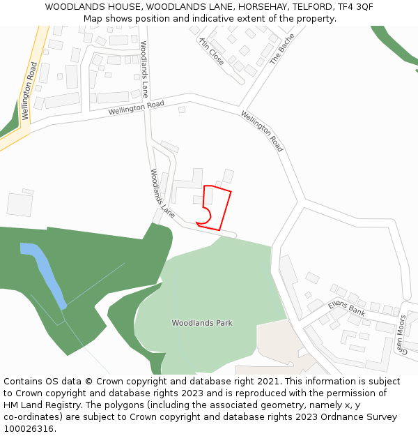 WOODLANDS HOUSE, WOODLANDS LANE, HORSEHAY, TELFORD, TF4 3QF: Location map and indicative extent of plot