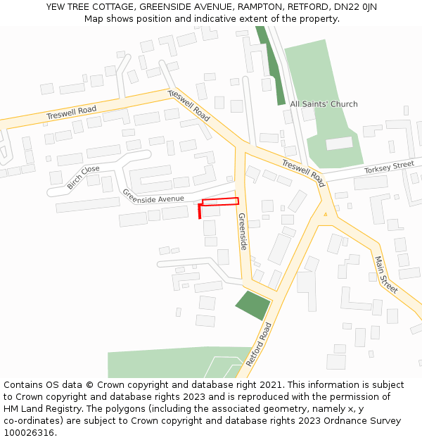 YEW TREE COTTAGE, GREENSIDE AVENUE, RAMPTON, RETFORD, DN22 0JN: Location map and indicative extent of plot