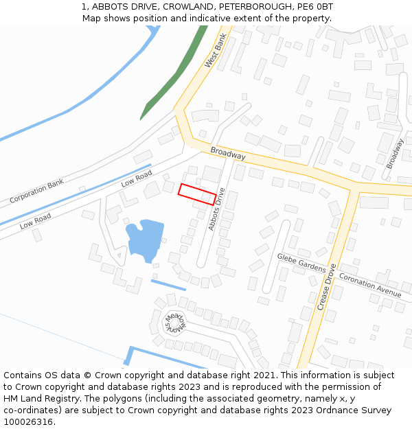 1, ABBOTS DRIVE, CROWLAND, PETERBOROUGH, PE6 0BT: Location map and indicative extent of plot