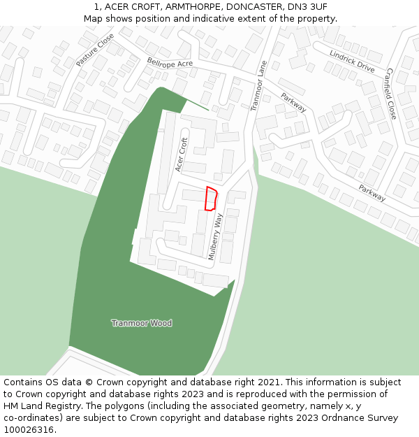 1, ACER CROFT, ARMTHORPE, DONCASTER, DN3 3UF: Location map and indicative extent of plot